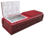 Red waterproof & cheap plywood wooden casket with viewing window & heavy-duty construction coffins